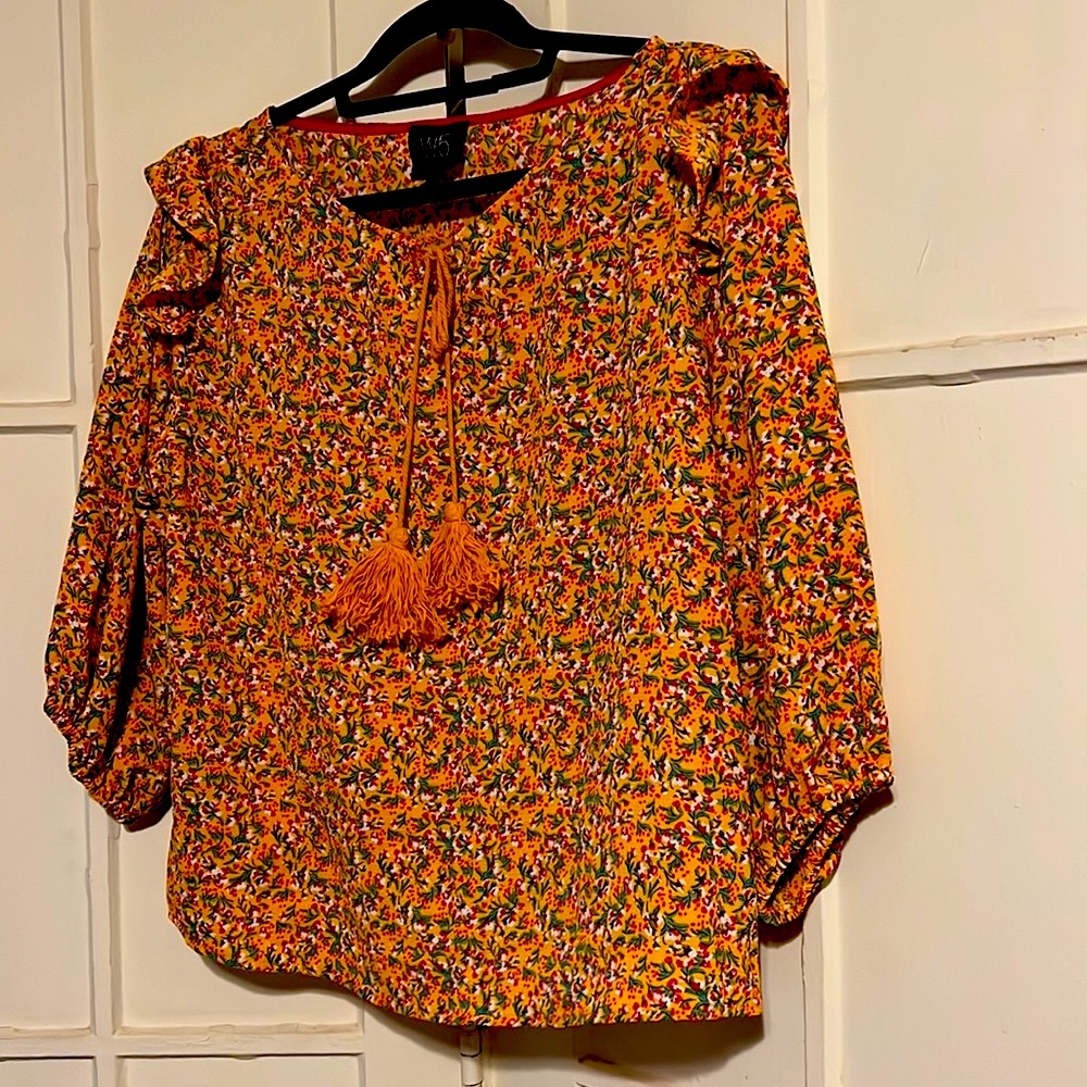 Yellow w/red green blouse w/ruffle shoulders size medium